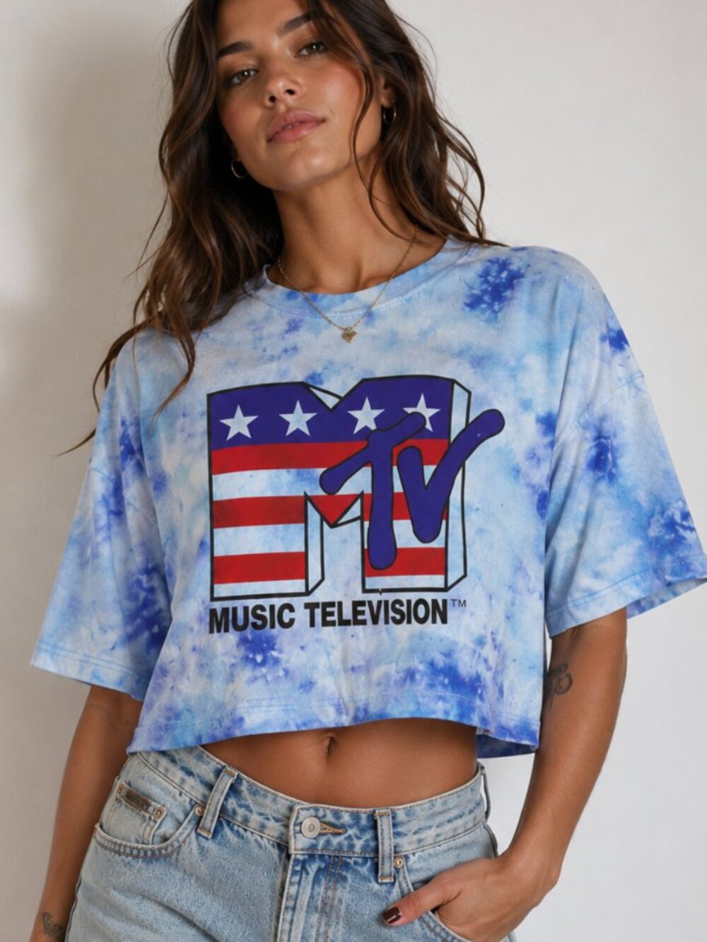 MTV Shirt Tie Dyed Cotton Blue Tee T-shirt  Size Large Tied Dye Crop Cropped